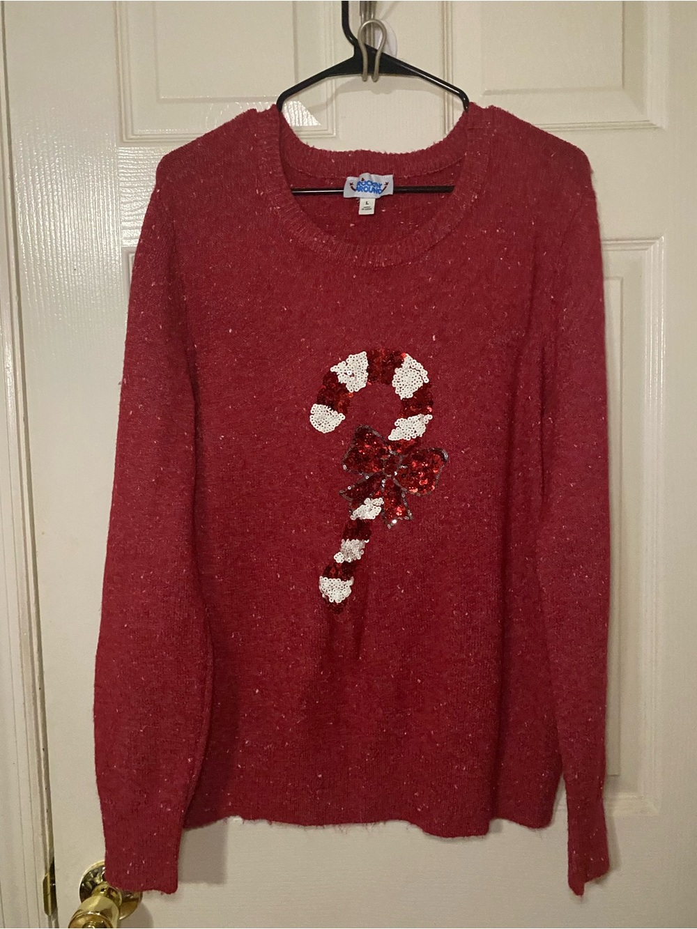 Women’s Red Sequin Candy Cane Crewneck Sweater - Festive Knit